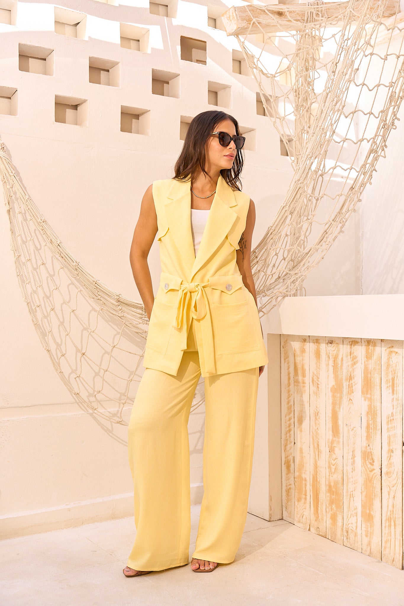 Butter Yellow Sleeveless Linen Suit