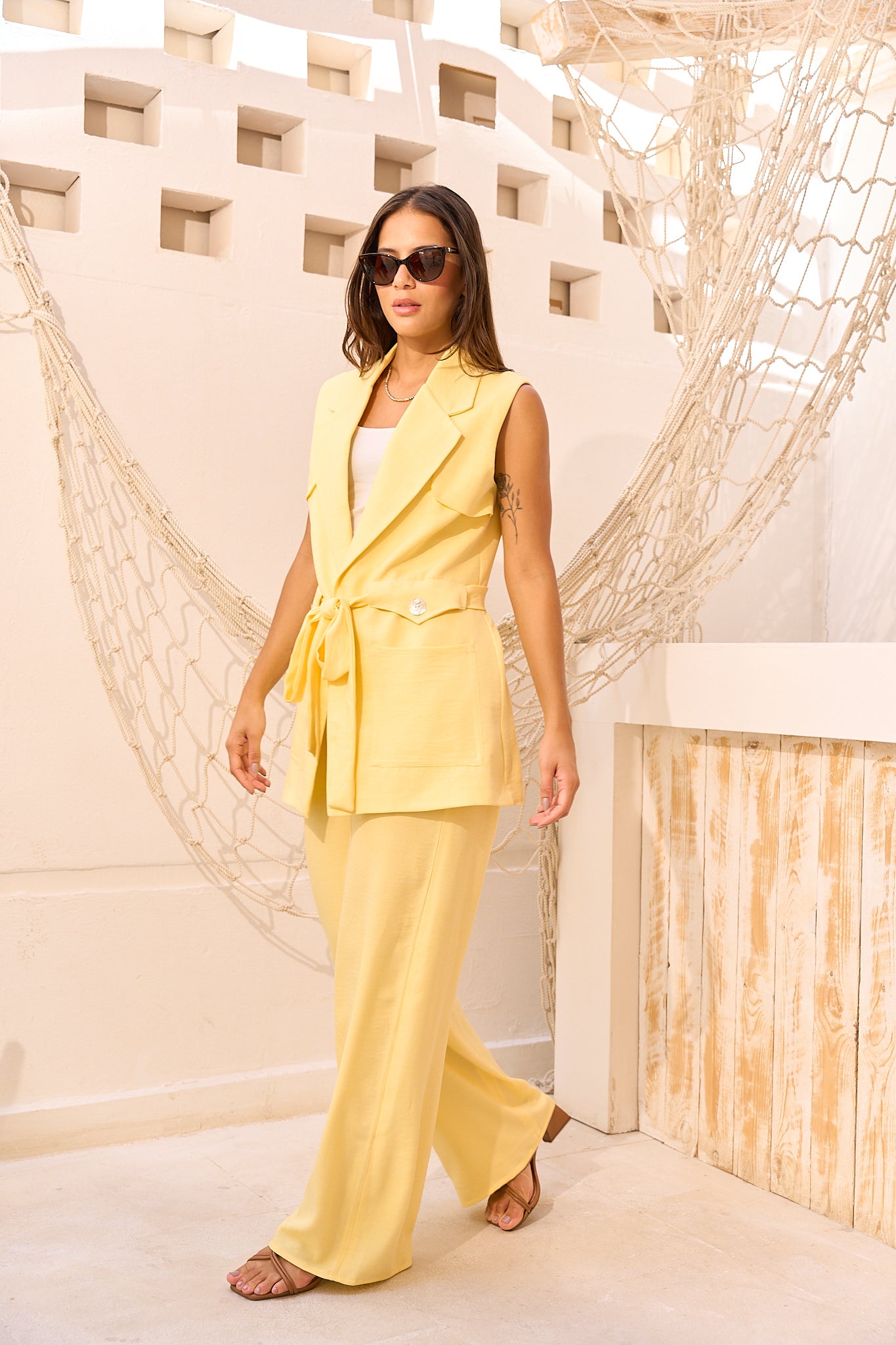 Butter Yellow Sleeveless Linen Suit