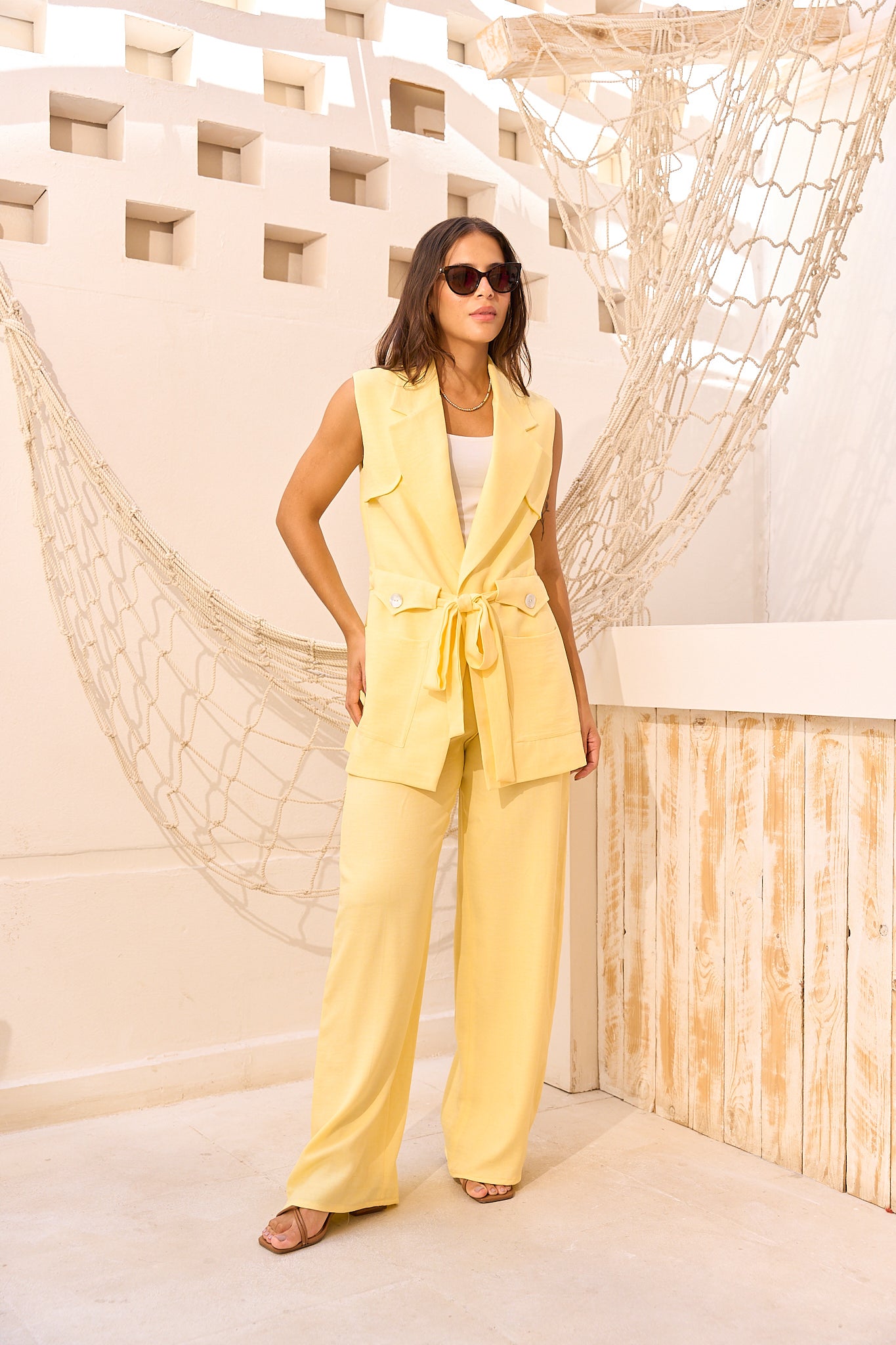 Butter Yellow Sleeveless Linen Suit