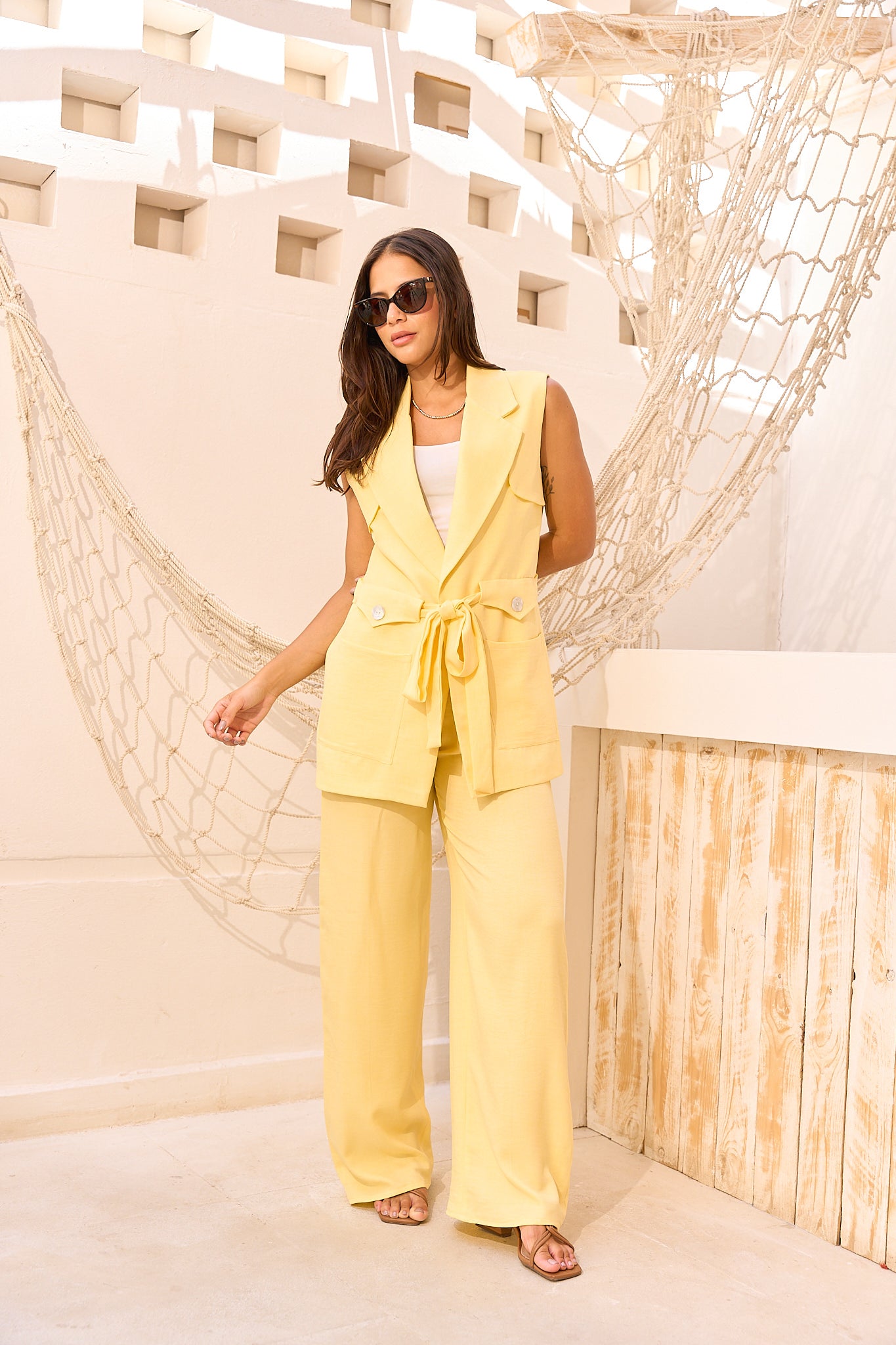 Butter Yellow Sleeveless Linen Suit