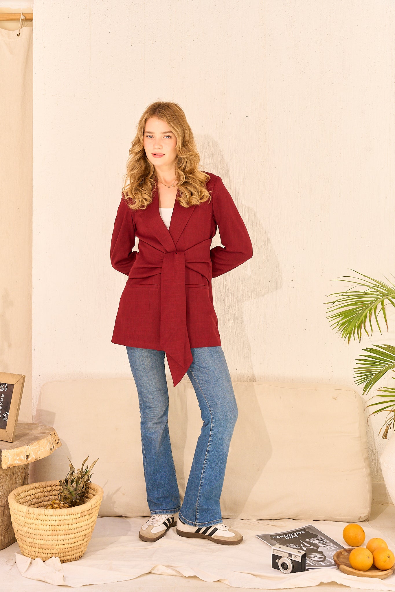 Burgundy Linen Wrap Blazer