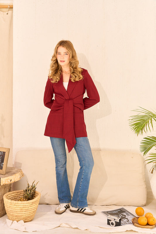 Burgundy Linen Wrap Blazer