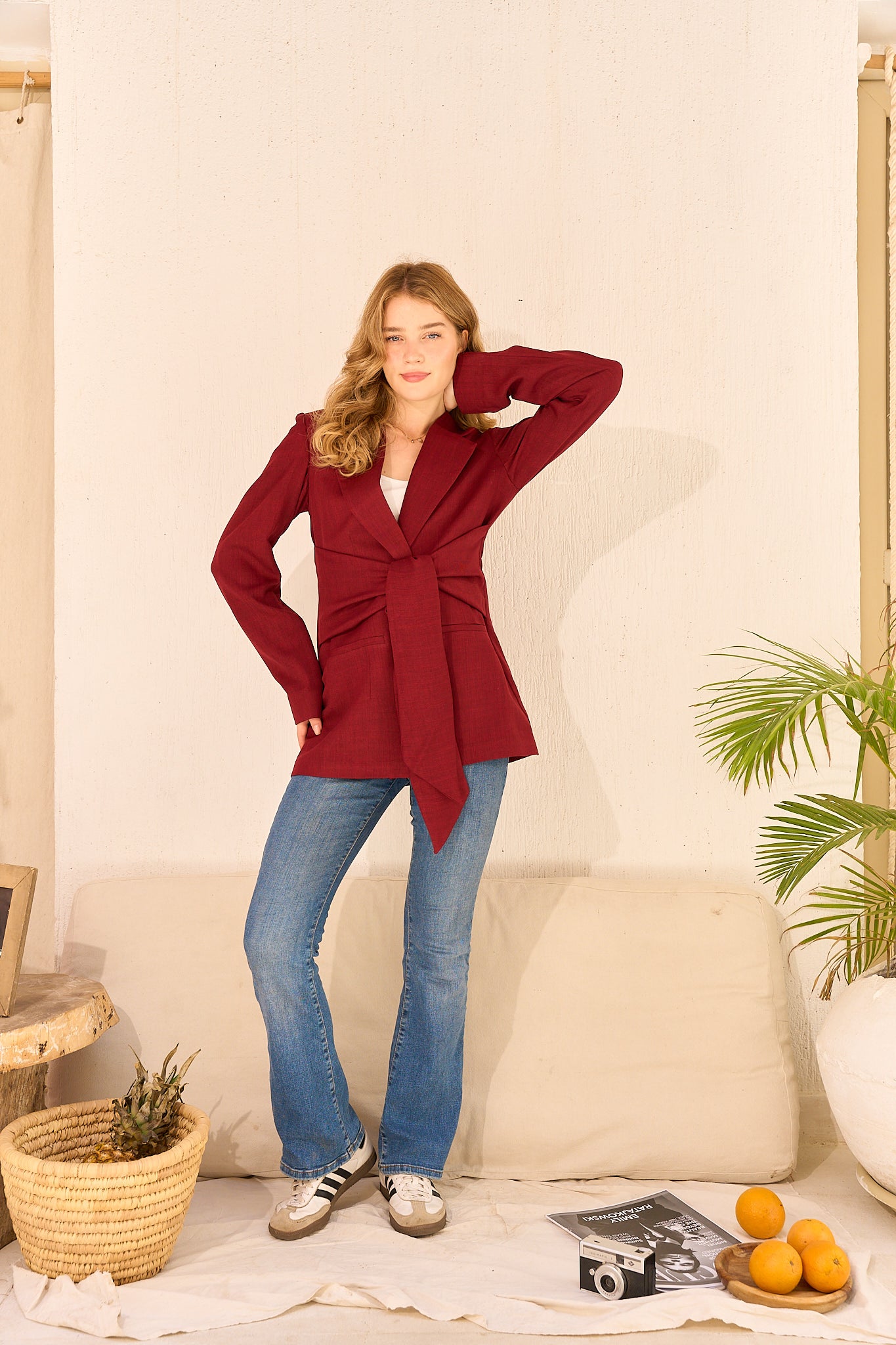 Burgundy Linen Wrap Blazer