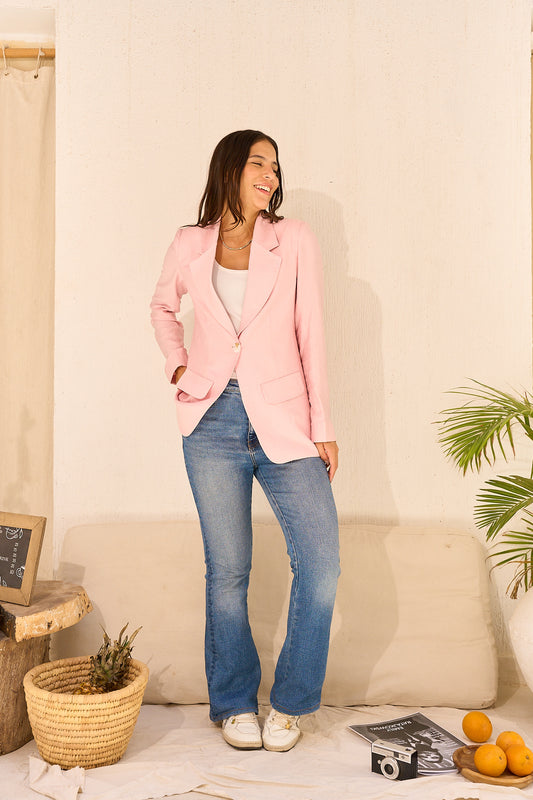 Powder Rose Signature One-Button Linen Blazer