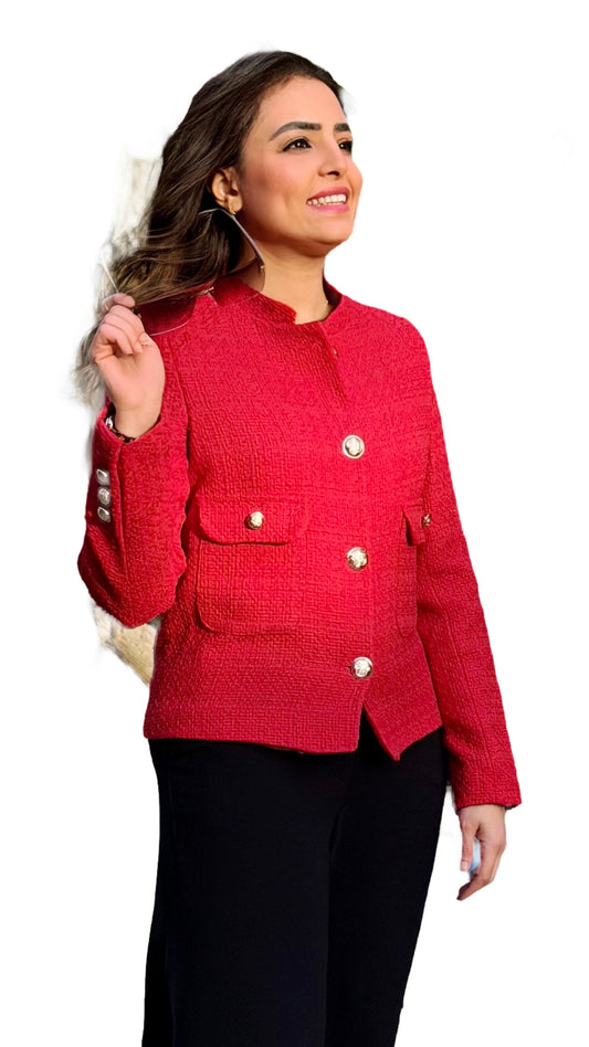Textured cropped red blazer