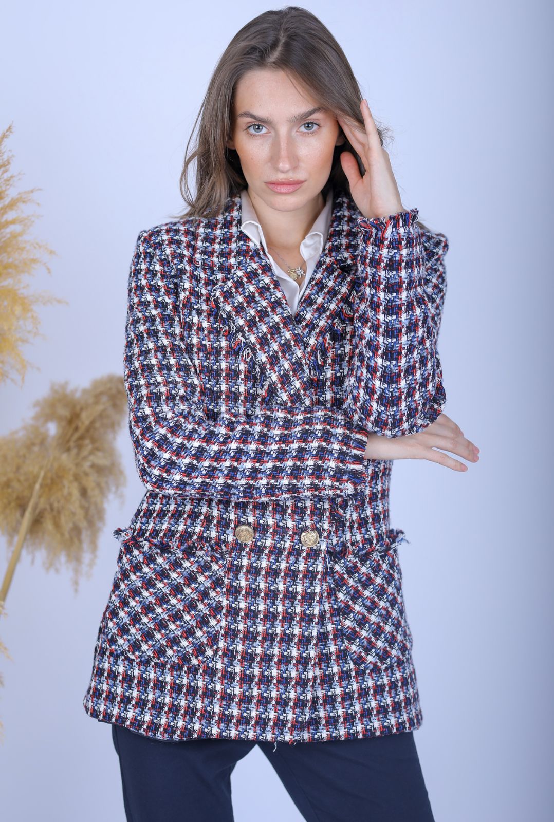 Blue Multicolored checkered blazer
