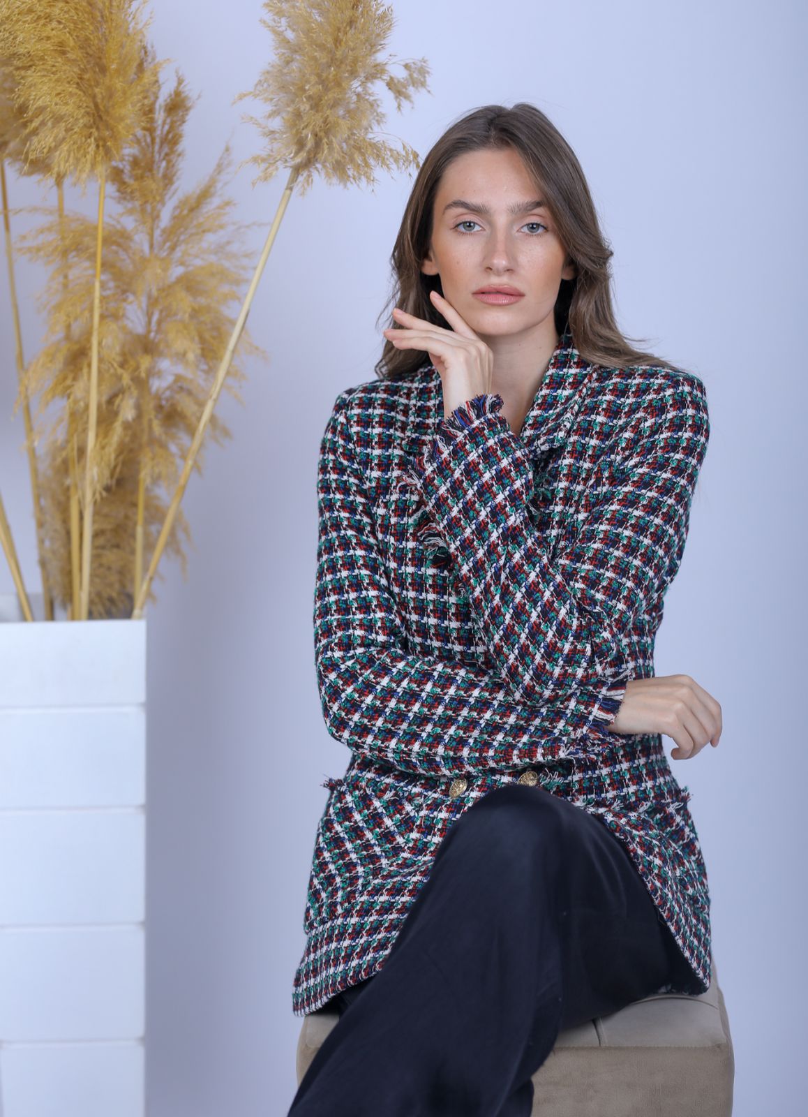 Green Multicolored Checkered Blazer